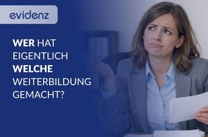 Banner with Evidenz logo and a German headline; a puzzled businesswoman holding papers on the right, left side dark blue panel with text.