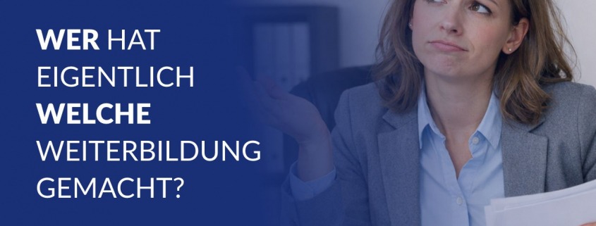 Banner with Evidenz logo and a German headline; a puzzled businesswoman holding papers on the right, left side dark blue panel with text.