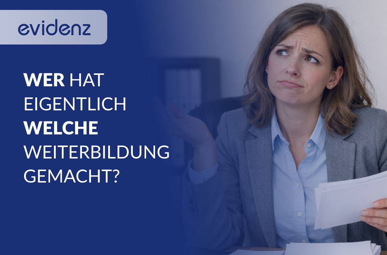Banner with Evidenz logo and a German headline; a puzzled businesswoman holding papers on the right, left side dark blue panel with text.