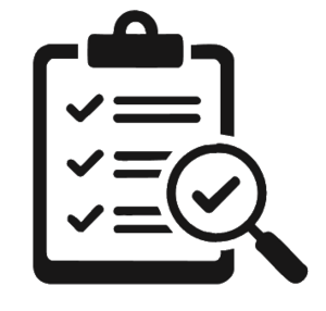 Clipboard with a three-item checklist and a magnifying glass highlighting the check marks, symbolizing inspection or verification