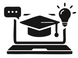 Laptop with a graduation cap, chat bubble, and light bulb representing online learning and ideas.