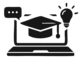 Laptop with a graduation cap, chat bubble, and light bulb representing online learning and ideas.