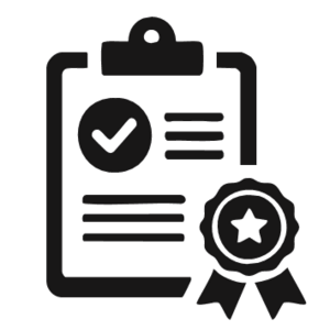 Clipboard with a document, checkmark, and star-seal badge signaling certification or approved completion