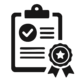 Clipboard with a document, checkmark, and star-seal badge signaling certification or approved completion