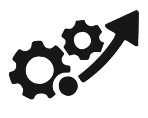 Gears and a rising arrow illustrating growth and increasing efficiency.
