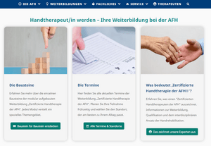 Drei Informationskarten zur AFH-Weiterbildung: Die Bausteine (Konstruktion mit Holzklötzen), Die Termine (Formular), Was bedeutet Zertifizierte Handtherapie (Handshake) – Überblick über Angebote und Standorte.