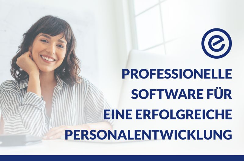 Smiling woman at a desk with a laptop in a bright office; German text on the right promoting professional software for successful personnel development with a circular logo above.