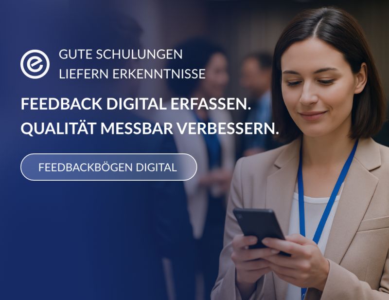 Marketing banner: professional woman using a smartphone; German text promotes digital feedback to measure and improve quality.