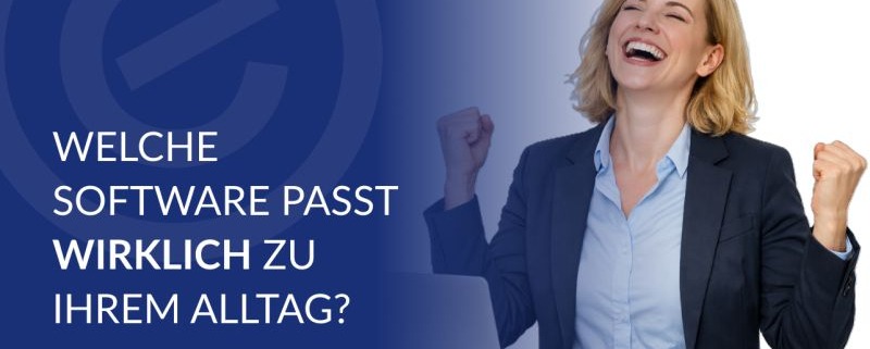 Businesswoman celebrating at a desk with a laptop; German headline asks which software fits your daily routine; evidenz branding.
